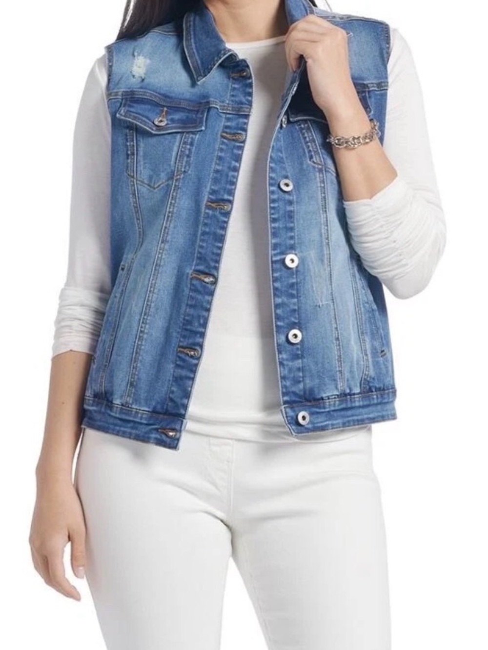 Coco + Carmen Women Teens Juniors Button Vest, Distressed Blue, Size LG/XLG NWT